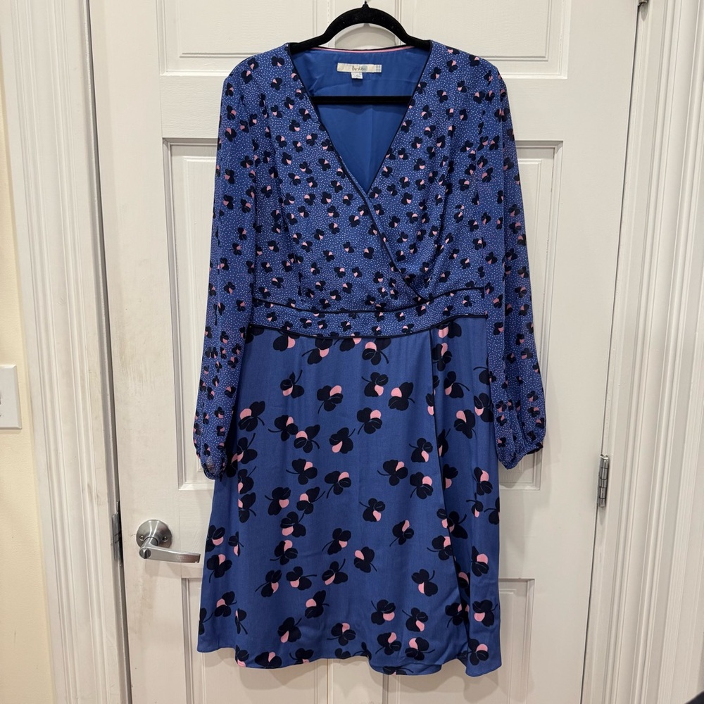 Boden Eden Dress Blue Pink Floral Clover Print Faux Wrap Midi Size US 14R